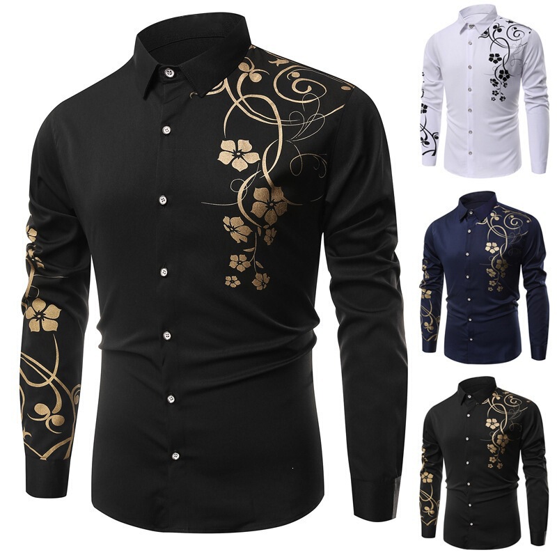 Cross-border men's collared long-sleeve shirt with unique golden scroll print, slim-fit shirt for stage, party, and casual wear