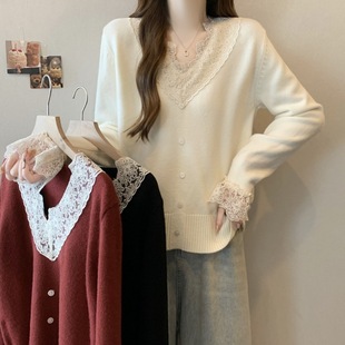 plus size Women's French V-neck Lace Single-breasted Knitted Sweater for Chubby Girls Autumn and Winter Inner Base Top