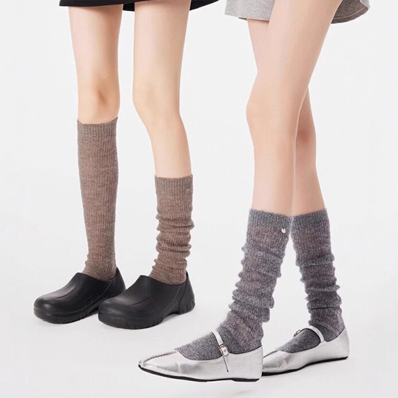 Slightly Sheer Fluffy Lazy Style Soft Wool Casual Autumn and Winter Socks for Women in Coffee Color with Metal Label, Long Socks, Slouch Socks, Calf Length
