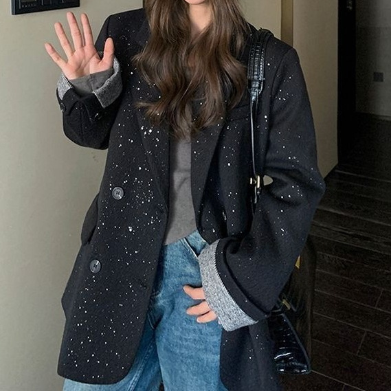 Black thickened woolen sequined casual blazer, new design, loose and fashionable suit 2026, tops and other items Black thickened woolen sequined casual blazer, new design, loose and fashionable suit 2026, tops and other items