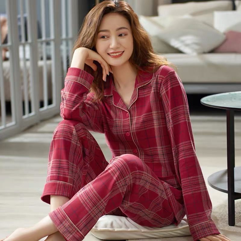 5A Antibacterial Cotton Pajamas for Women, Spring & Fall, Can Be Worn Outside, Large Size Long-Sleeved Autum Cotton Home Clothes Set, Large Size 5X