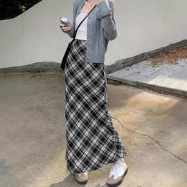 学院风复古格纹新款秋季高腰显瘦修身包臀a字半身裙长裙直筒