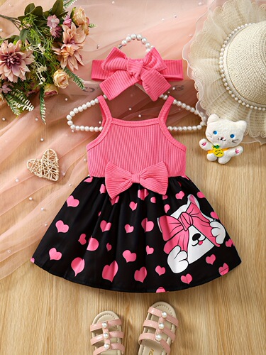 Baby's Cartoon Elephant Heart Pattern Cami Dress Set Lovely