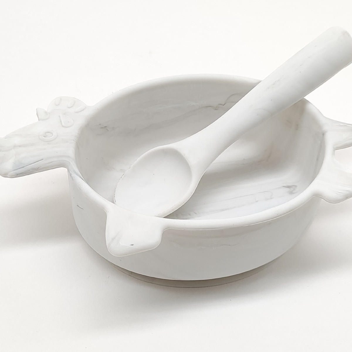 실리콘그릇[트리케라톱스 2종세트] 디너그릇+둥근손잡이스푼[마블화이트] (Marbel White)