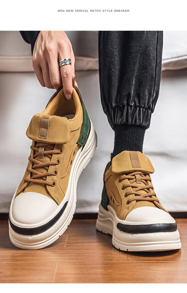 Giày vải nam cổ thấp phong cách retro, đế mềm tăng chiều cao, dây buộc — YH398 màu kaki, YH398 màu đen chi tiết 13