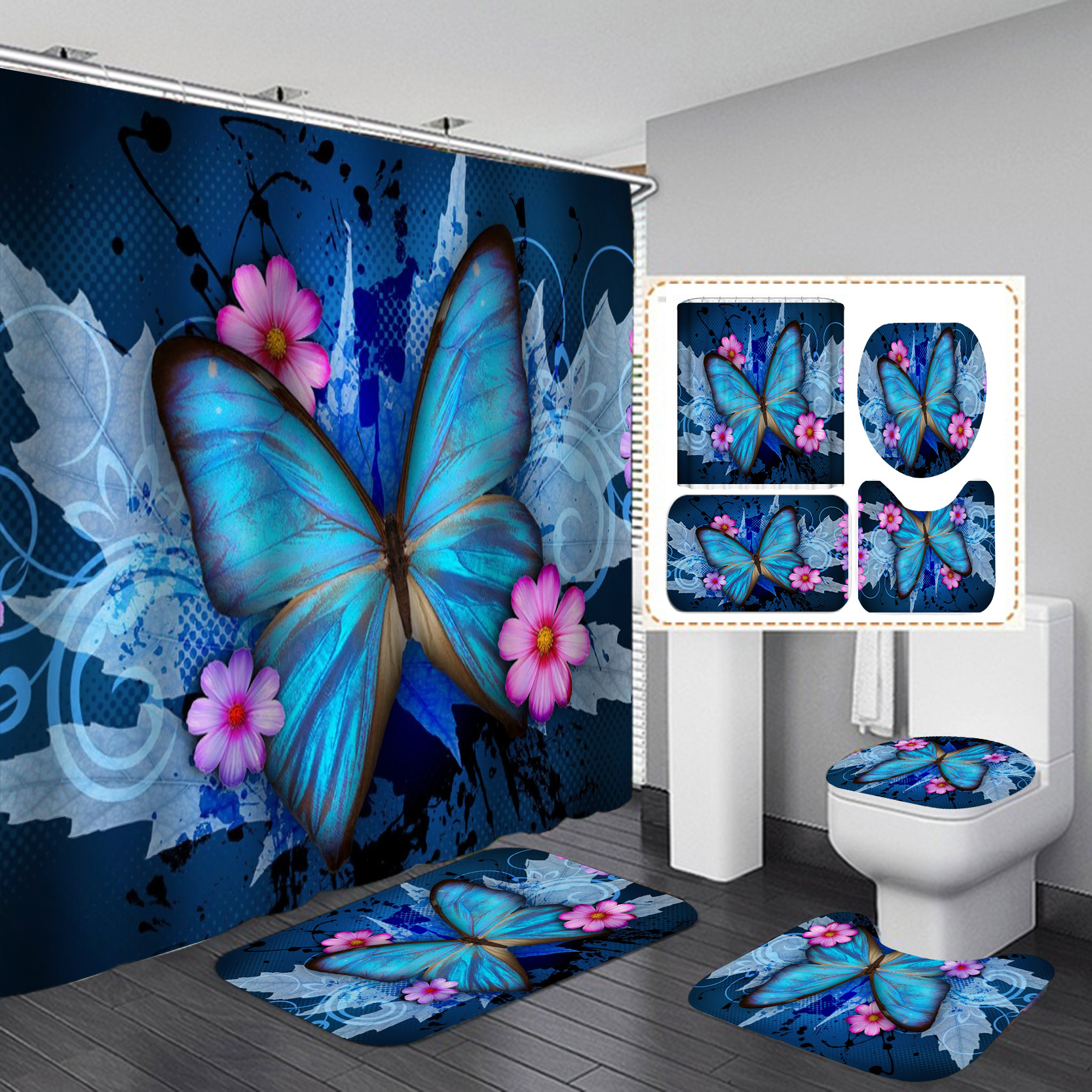 Flor de mariposa impresa cortina de baño a prueba de agua a prueba de moho nuevo tipo de tela retro sin perforación baño cortina de baño