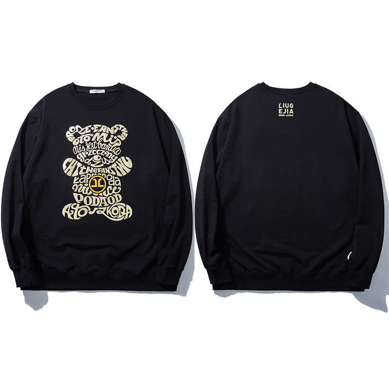 Pull ample à col rond pour homme avec imprimé lettre d'ours et gros caractères_voghion.com