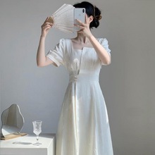 法式连衣裙女2024夏季新款高级感短袖长裙肌理感裙子温柔风仙女裙