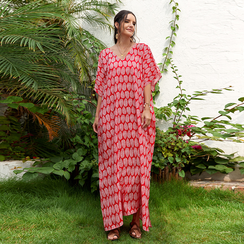 4 colores transfronterizo europeo y americano nuevo vestido largo impreso blusa de playa Plus tamaño vestido bikini protección solar camisa 1D100