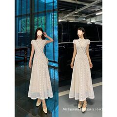 大码女装新中式蝴蝶结蕾丝改良旗袍连衣裙夏季收腰显瘦长裙子