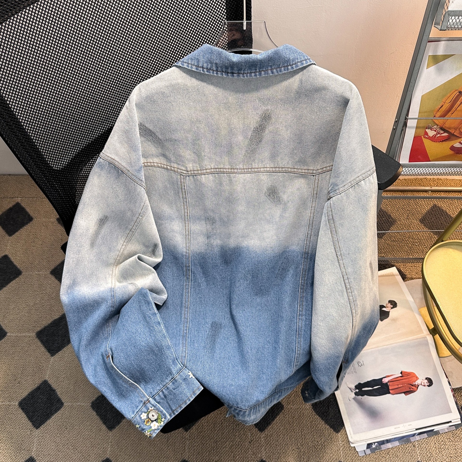 Unisex Gradient Embroidered Denim Jacket American Retro Style Floral Trendy Brand Design Spring Autumn Fashion Non-Stretch Denim_voghion.com