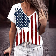 2024欧美外贸新款美国国旗日女装USA星条旗印花V领短袖T恤上衣女