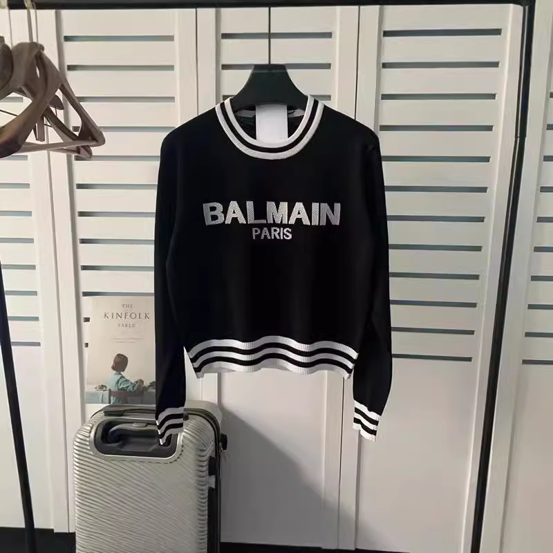 Autumn and Winter New balmain Short balmain Contrast Color Loose Pullover Letter Jacquard Long Sleeve Sweater