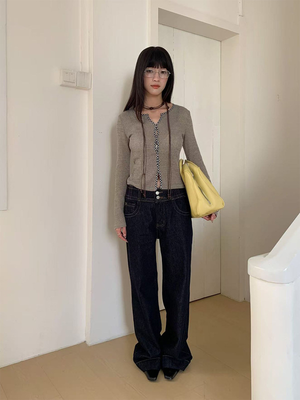誉一新款2025秋季格纹拼色扭结针织衫女别致显瘦 长袖上衣女c6825|undefined