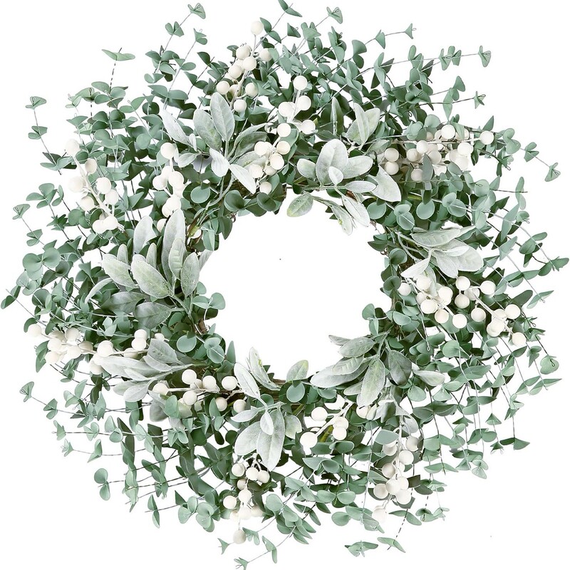 Artificial Green Leaf Wreath for Front Door 55.88cm Green Boxwood Wreath with Flocked Sheep