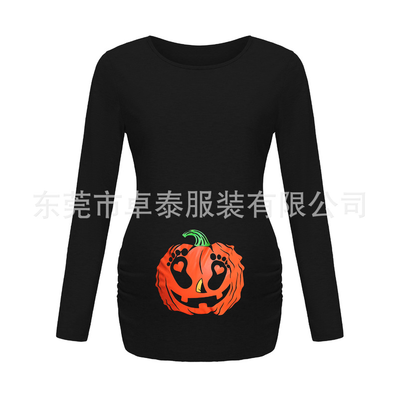 In stock round neck maternity clothes long sleeve top Halloween pumpkin Smiley cute feet cartoon pattern casual comfortable
