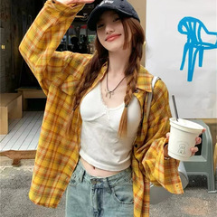香港風レトロ黄色格子シャツ女性夏日焼け止め怠惰風ゆるいカジュアルシャツ薄いコート上着