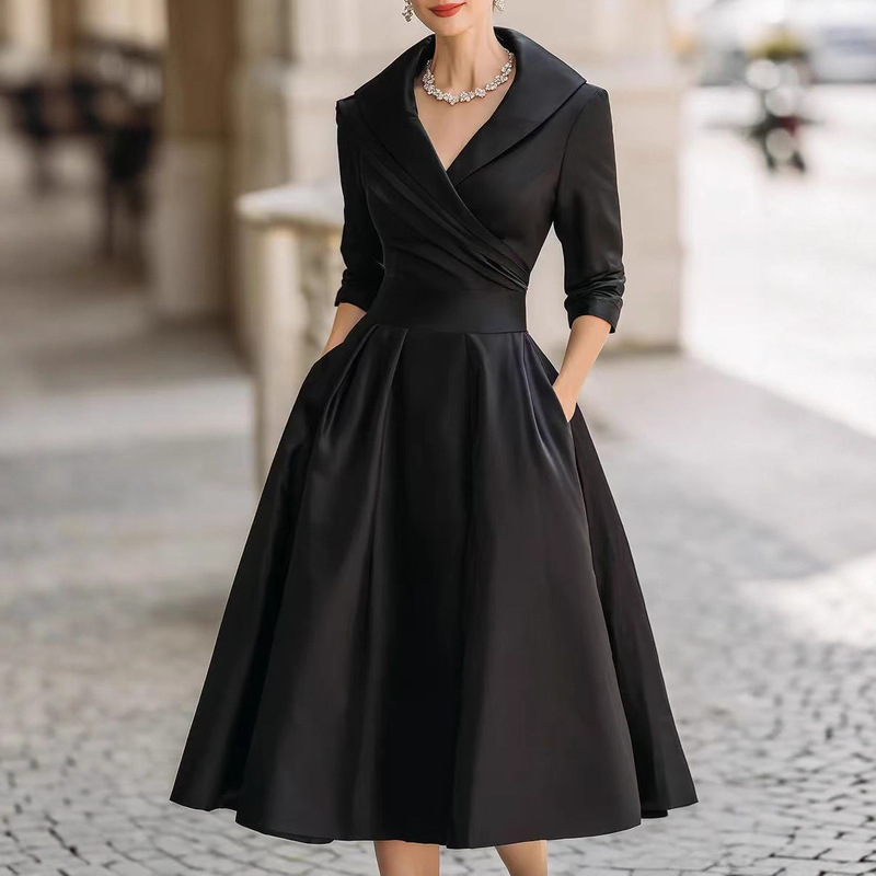 2025 European and American Fashion Amazon Independent Site Elegant Formal Waist Dress Slimming Elegant Long-Sleeved Dress