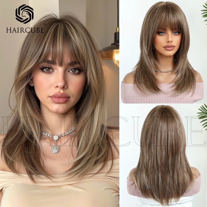Daily Light Brown Wig Headgear Elegant Shoulder-Length Hair Full Head Type Female Rose Mesh Mechanism Chemical Fiber Hair Factory Wholesale