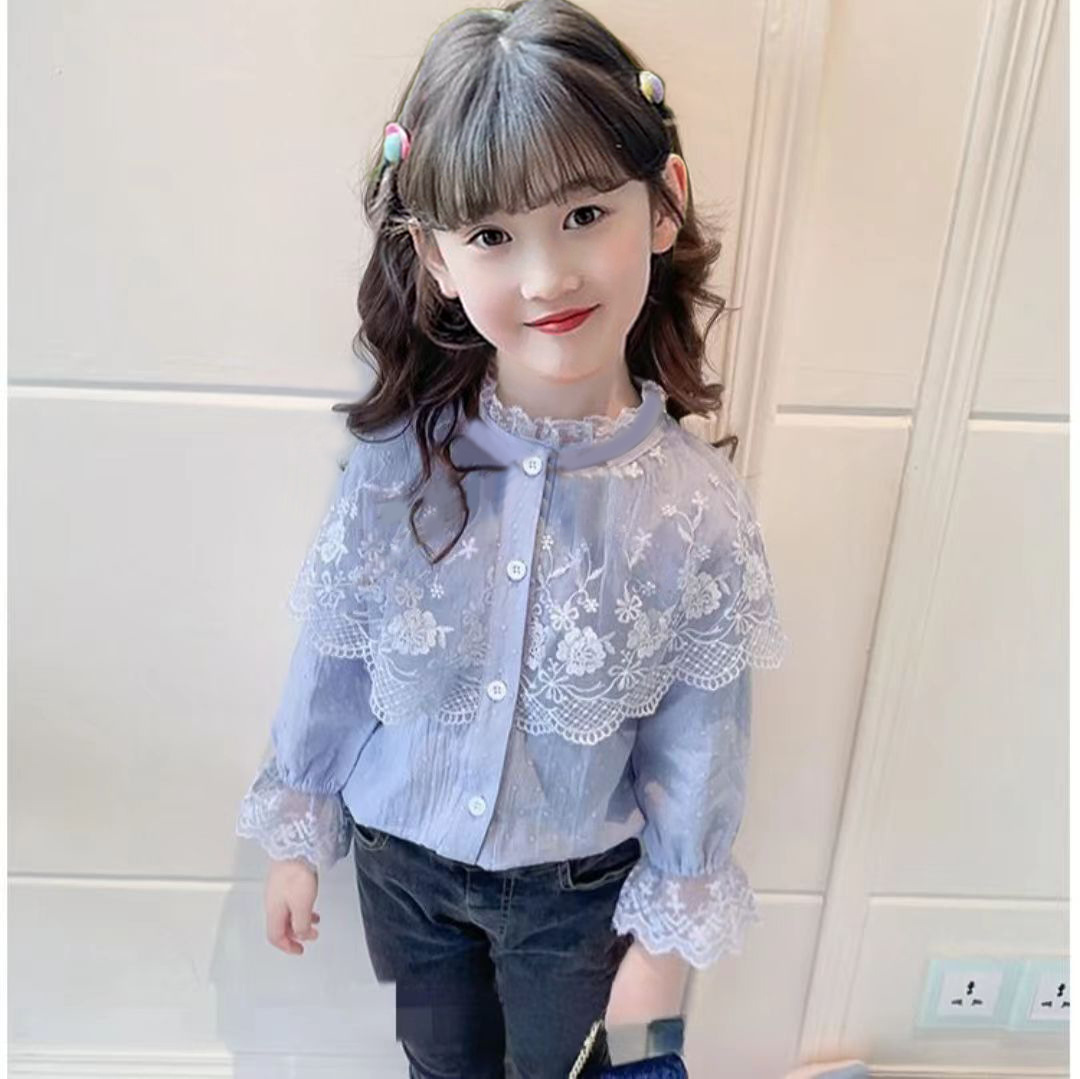 女童蕾丝拼接衬衫春秋新款韩版洋气长袖上衣中小童时尚立领衬衣