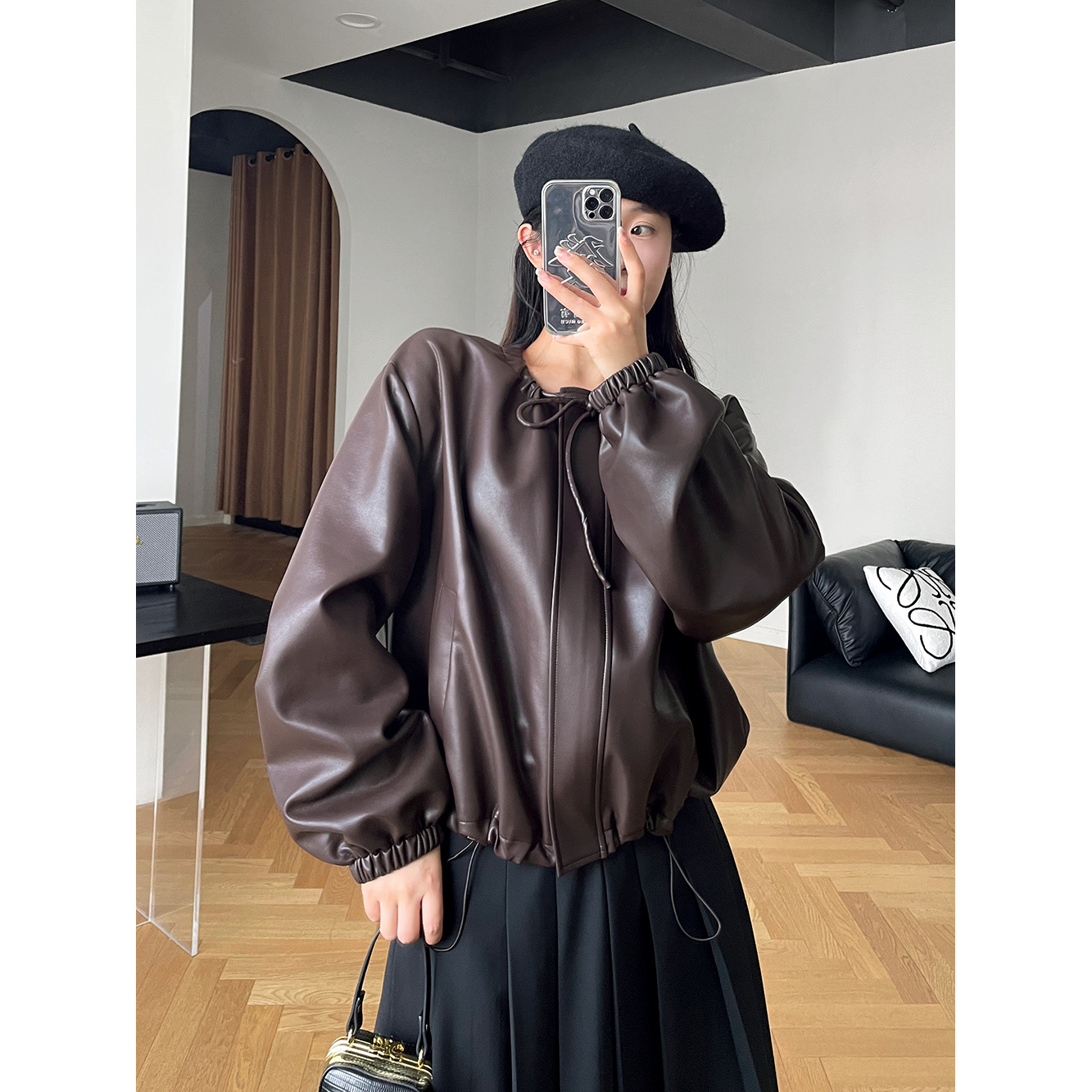 Retro versatile brown leather coat for women 2024 spring new soft leather casual drawstring short cardigan 6085