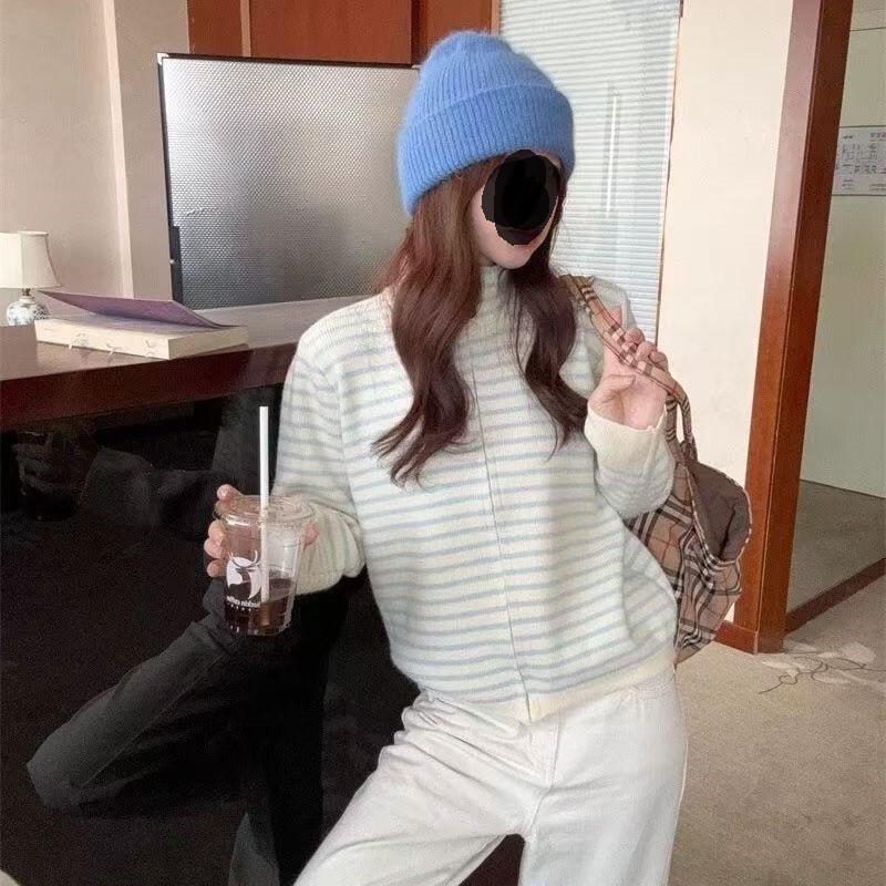Stripe striped half-zip knit cardigan for women, cotton and cashmere, Korean style women's clothing, cross-border in-stock, one-piece drop shipping