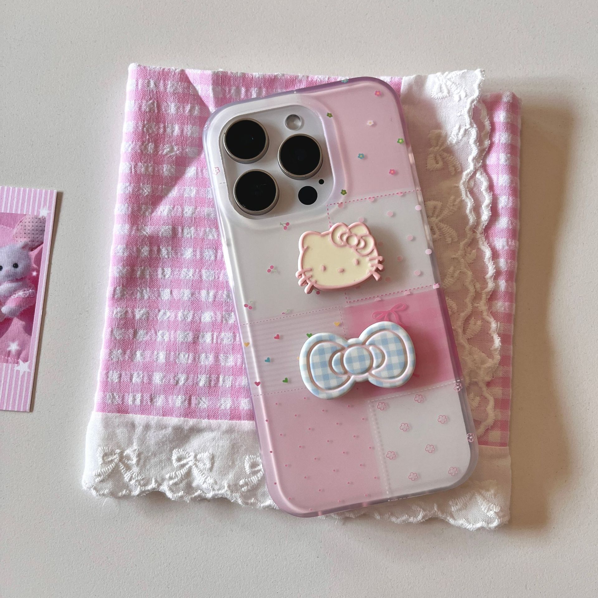 Linda chica cosida corazón arco KT gato para Apple 15Pro funda para teléfono móvil 16PorMax estéreo 14/13