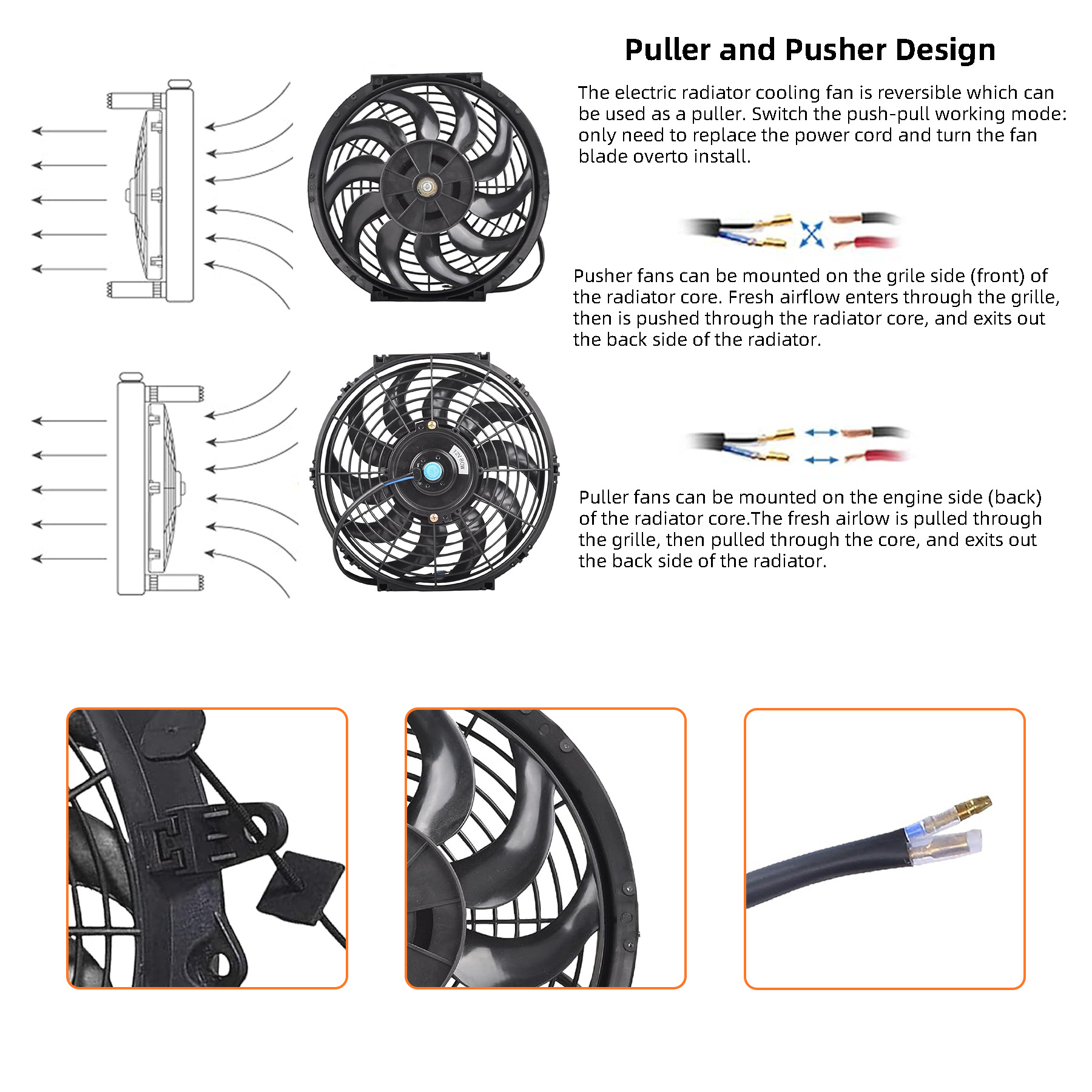 Radiator fan universal 12V 80W120W automobile oil-cooled and air-cooled electric push-pull kit cooling system