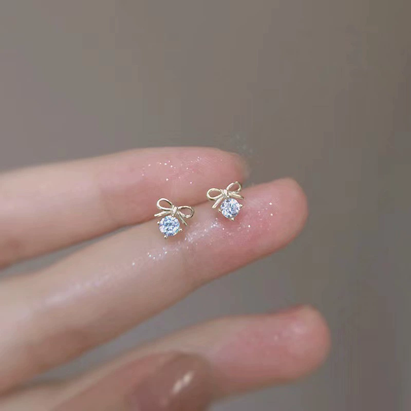 Милая zirconia с бантиком, серьги, небольшая серебряная игла, образец серебро 925, простой и элегантный дизайн