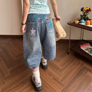 美式星星七分牛仔短裤女夏牛仔小个子显瘦七分裤女生宽松阔腿