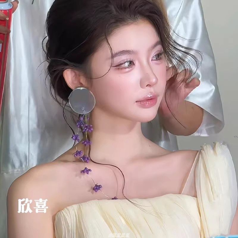 森系紫色花朵耳钩高级感气质长款耳饰新中式新娘结婚晨袍礼服配饰|undefined