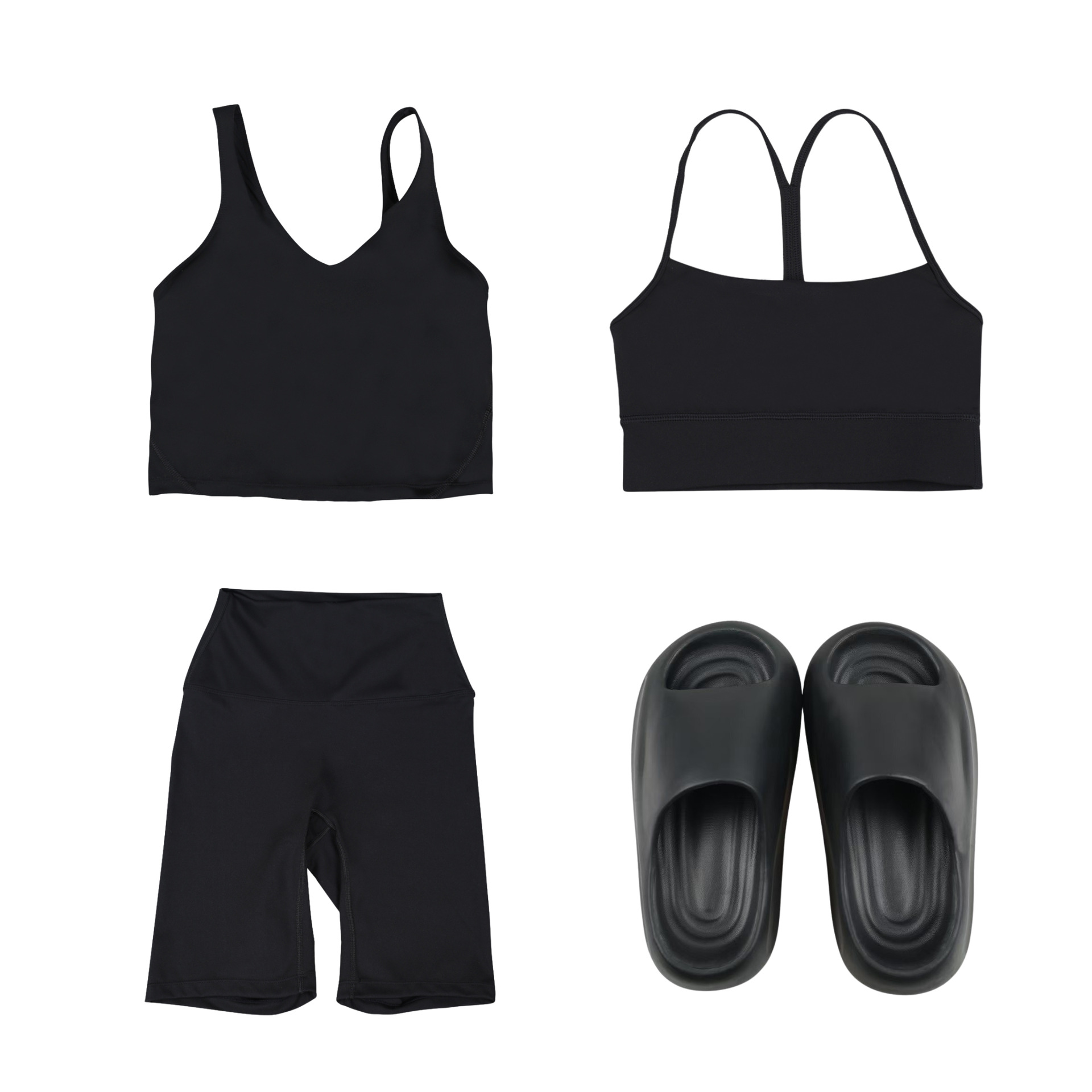 Conjunto de cuatro piezas para mujer: pantalones capri, chaleco en forma de U, chaleco en forma de Y, prenda exterior ajustada, pantalones deportivos elásticos y zapatillas deportivas._voghion.com
