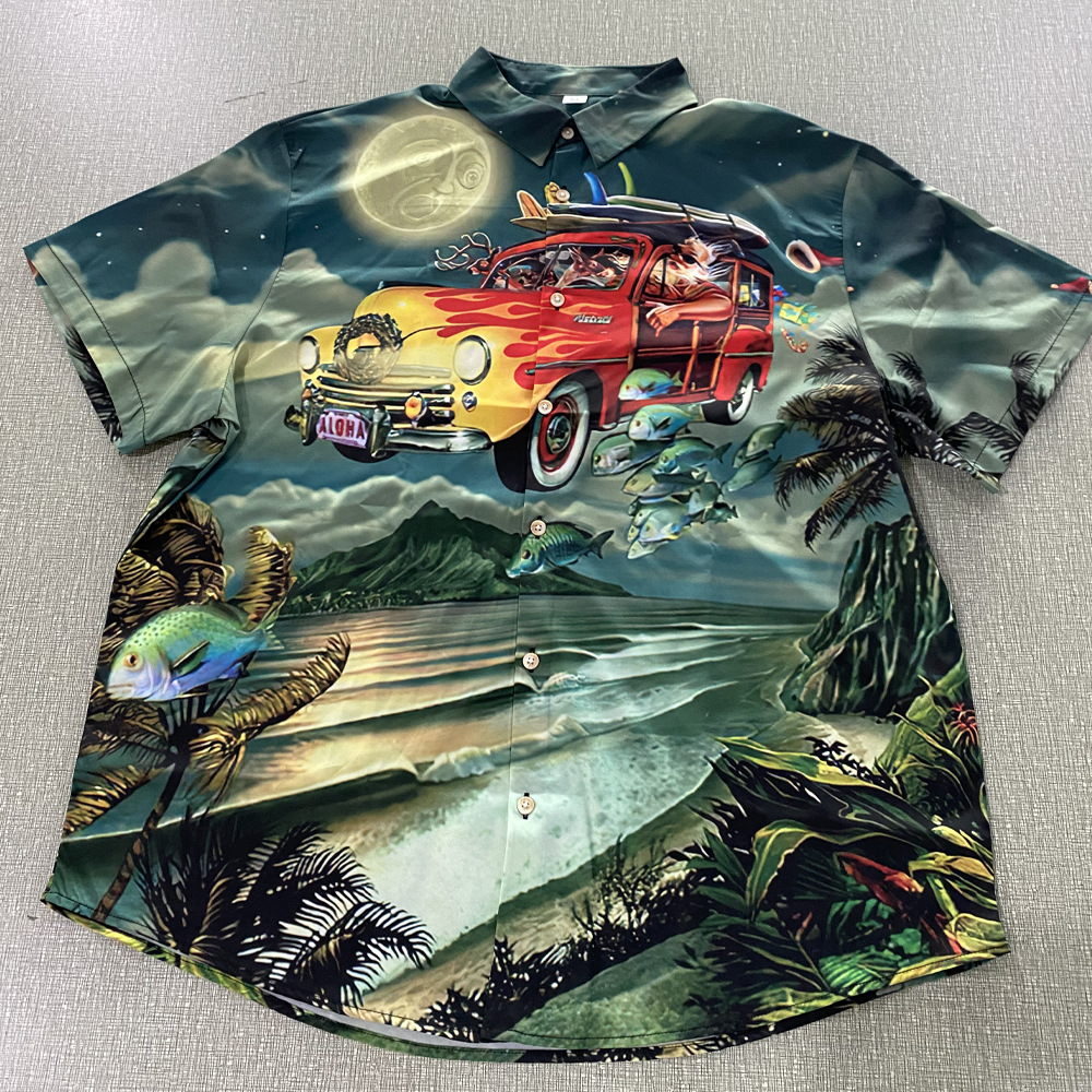 Single Breasted Placket Type Wholesale Men's Vacation Cartoon Landscape Short Sleeve Printing Men's Tops