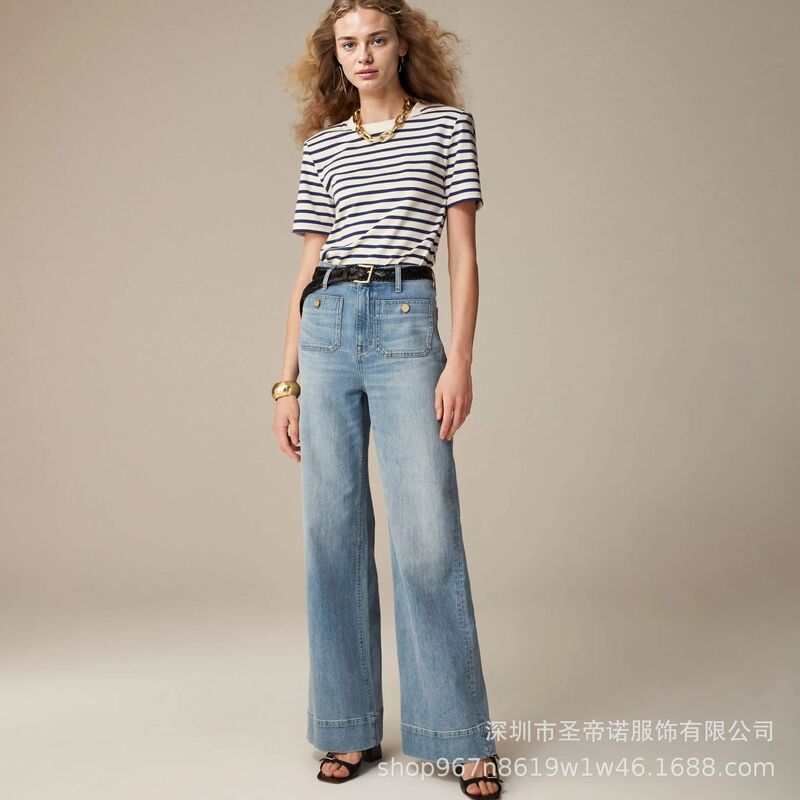 Amazon Cross-border 2024 Women's Summer Wide Leg Pants plus size Denim Casual Pants Shaded Blue Washed Pants