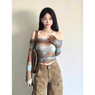 American Style Retro Hot Girl Style off-shoulder T-shirt Women's Autumn Slim-fit Short Top Thin Navel-exposed Long-sleeved Base Shirt