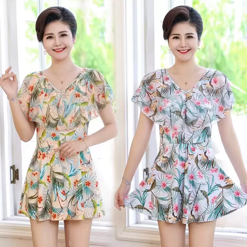 女士泳衣大码连体平角裤加肥裙式遮肉显瘦时尚印花泡温泉泳装泳衣