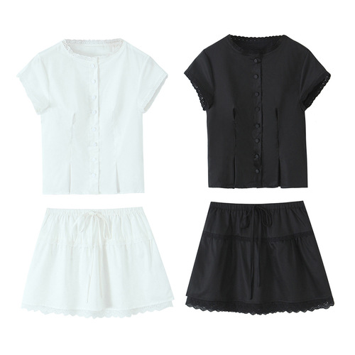 2025 New Sweet Lace Unique Short-Sleeve One-Button Short Top Retro Fitted Mini Shirt