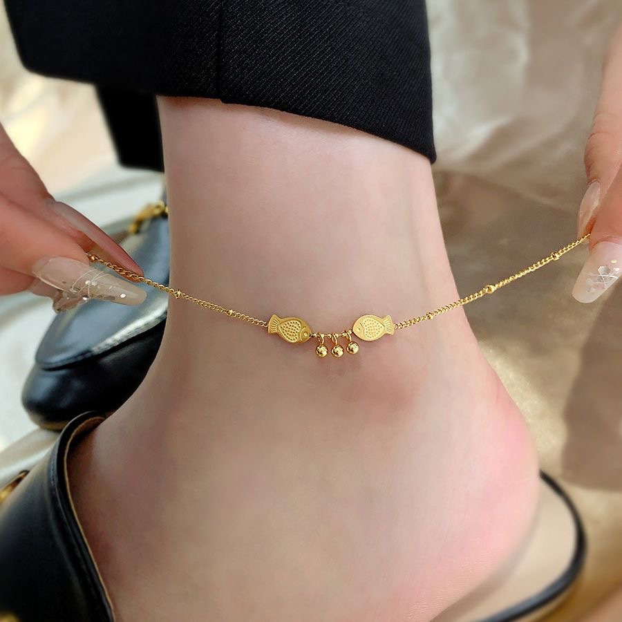 Pulsera de Tobillo con Cuentas de Acero de Titanio, Estilo Chino, Lujo Ligero, Estilo Nuevo, No se Destiñe, para Mujer