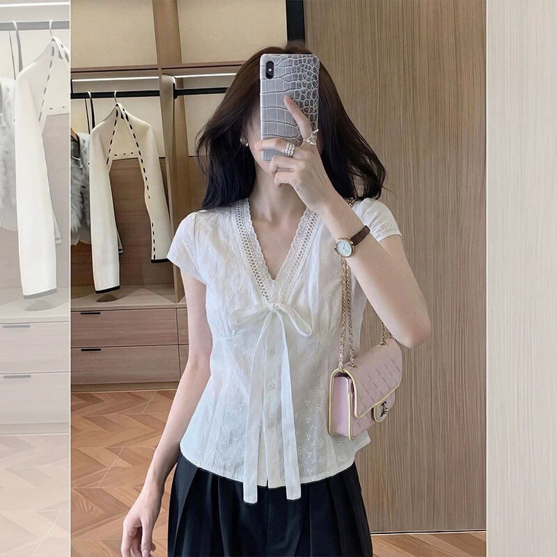 Short-Sleeved Shirt for Women 2026 Summer New Style French White Lace-Trimmed Sweet Style Youthful Versatile Blouse Short-Sleeved Shirt for Women 2026 Summer New Style French White Lace-Trimmed Sweet Style Youthful Versatile Blouse
