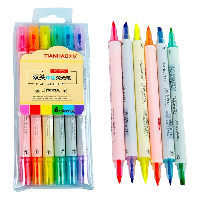 1724 de doble cabeza color resaltador estudiante DIY diario pluma 1PVC Bolsa 6 colores 6 piezas oblicuo cabeza redonda marcador pluma