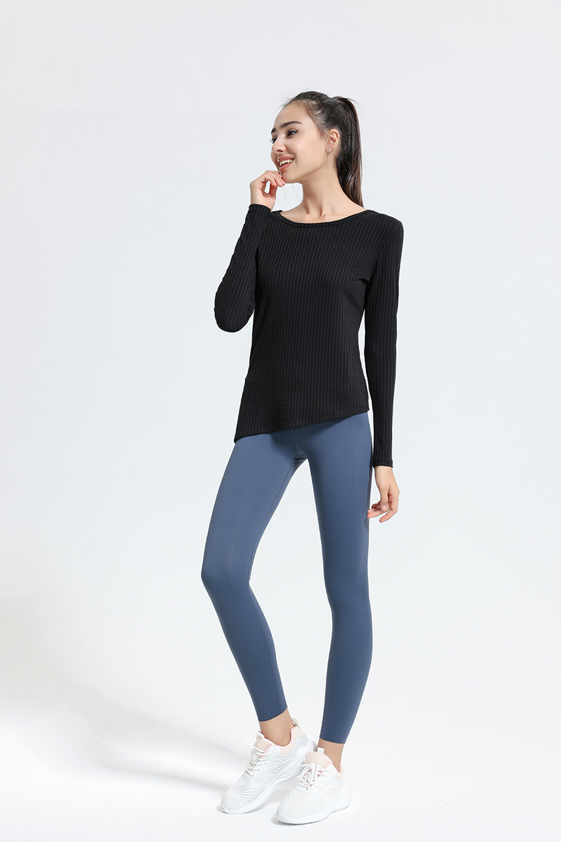 high stretch ribbed long-sleeved slim round neck yoga top nihaostyles clothing wholesale NSJLF85156