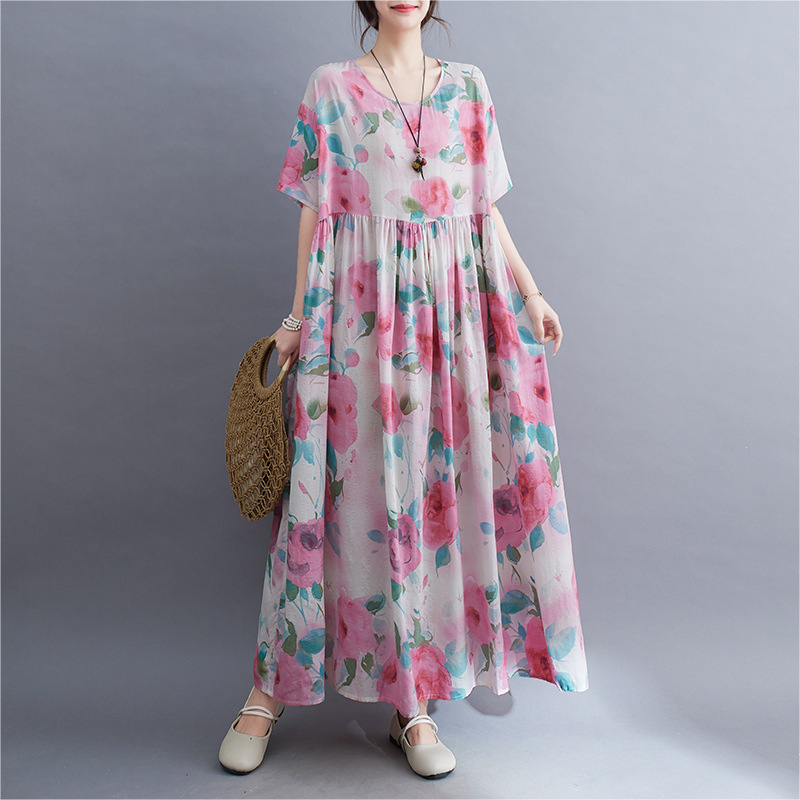 Large Size Women's 2023 Summer New Loose Short-sleeved Gentle Artistic Long Dress Summer Flower Blooming Dress