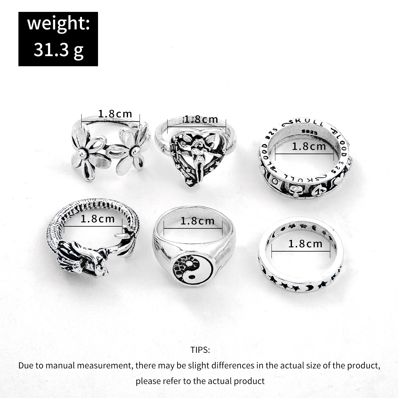 Personality Retro Butterfly Elf Star Moon Flower Taichi Ring Six-piece Set display picture 2