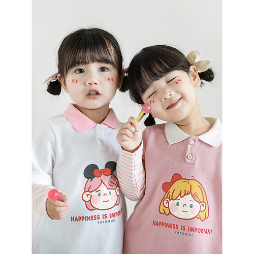 Wuli Buyi Girls' fake two-piece autumn casual T-shirt Korean style striped small lapel cartoon printed T-shirt top