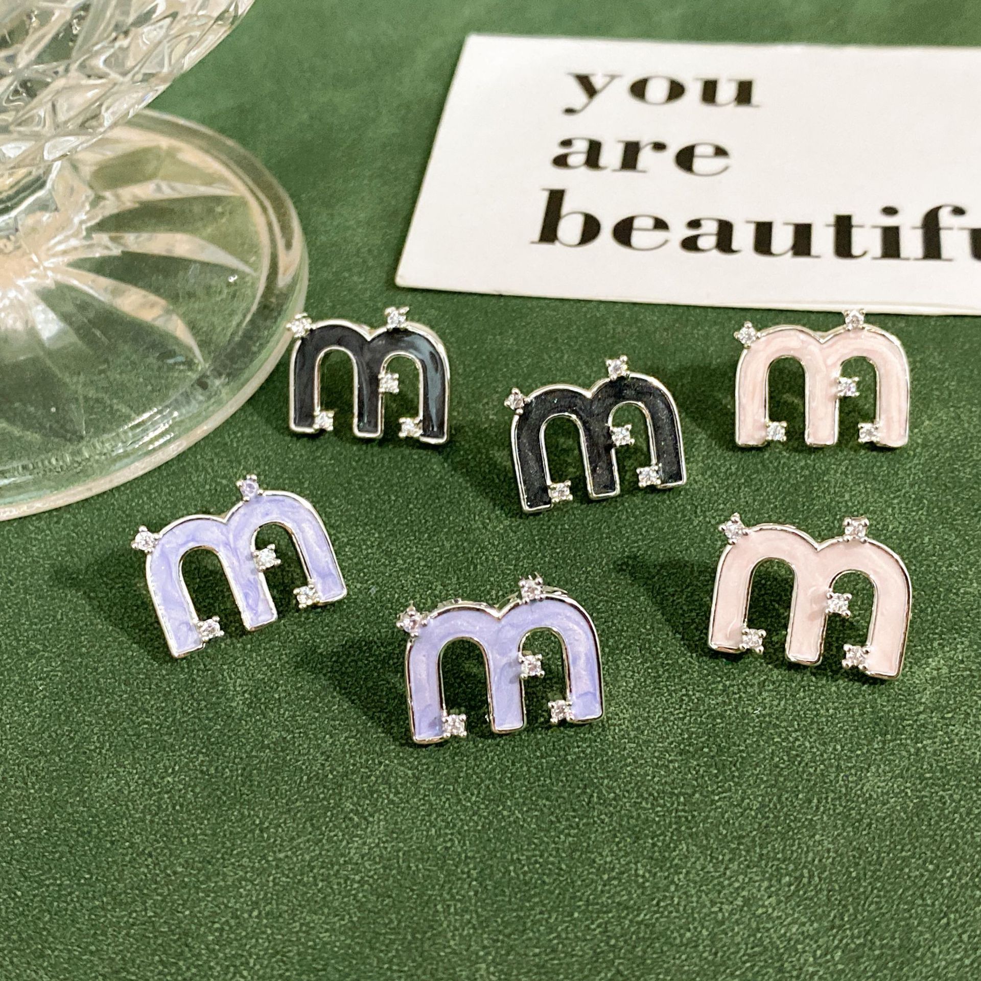 1 Pair Casual Simple Style Letter Drip Glazed Plating Inlay Copper Zircon Ear Studs display picture 1