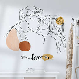 线描情侣头像贴纸卧室床头温馨装饰贴画爱人LOVE吻PVC可移除墙贴