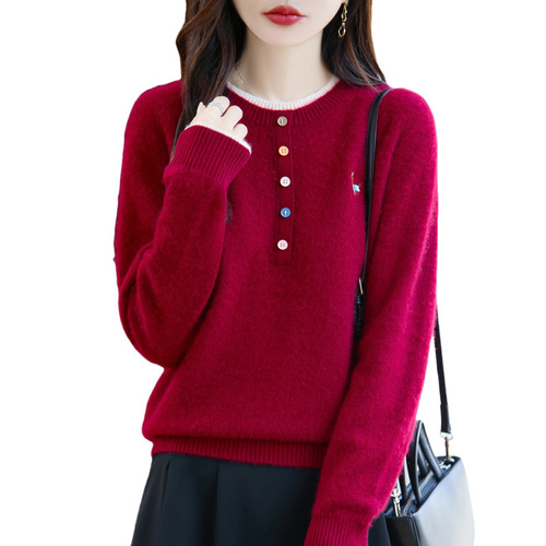 100% Pure Wool Women's Crew Neck Embroidered Pseudo-Two-Piece Base Shirt Autumn/Winter Loose Matchable Soft Hooded Sweater