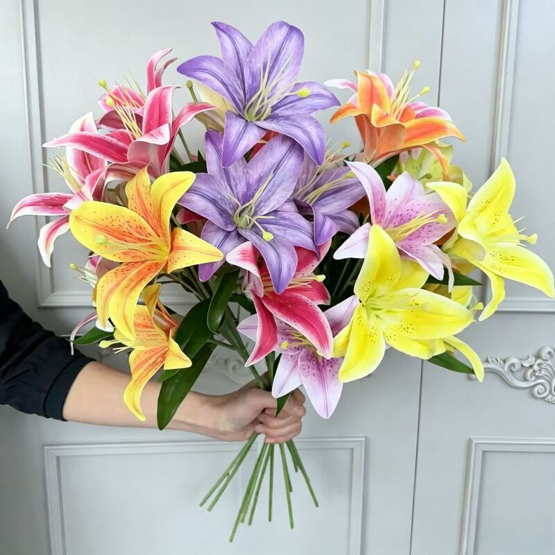 Three-Head Film Simulated Lily High-End Wedding Artificial Flower Soft Decoration Flower Arrangement Home Artificial Flower Ornaments Camera Props