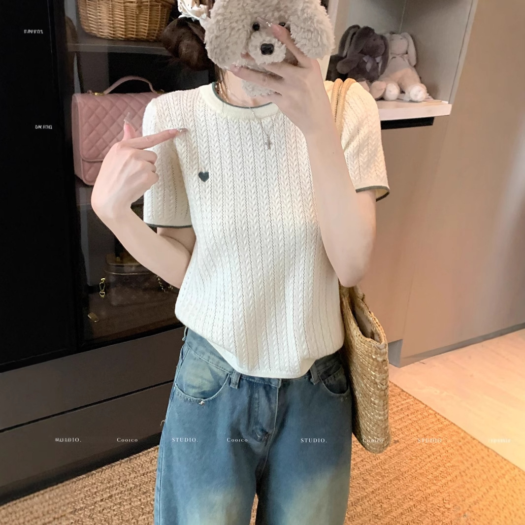 刺绣小爱心针织短袖t恤女2025夏季新款设计感撞色圆领短款上衣ins