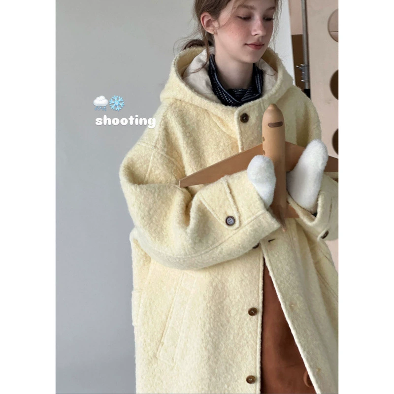 Retro woolen warm demi-season coat with hood, jacket